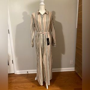 Tavin Tan Cream Red Black Awning Striped Long Sleeve Button Front Shirtdress
